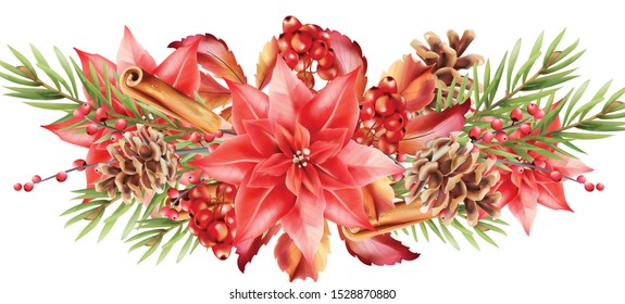 Christmas greeting card background with red flowers, berries, cinnamon, fir leaves, pine cone. Vector