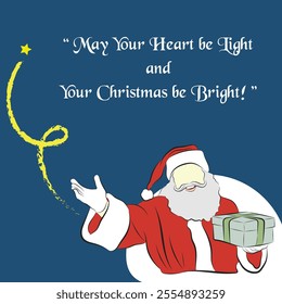 Christmas greeting card with a background of Santa Claus holding a Christmas gift