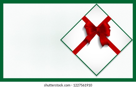Christmas Greeting card background with satin ribbon bow, vector. Invitation for holidays: Christmas, New York, birthday, valentine, love