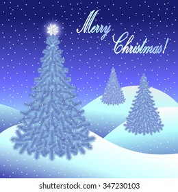 Christmas greeting card and background with Christmas tree and Merry Christmas lettering. Vector illustration.