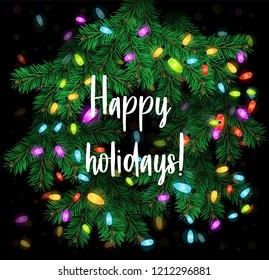 Christmas greeting card and background. Christmas wreath with garlands, Merry Christmas lettering. Vector