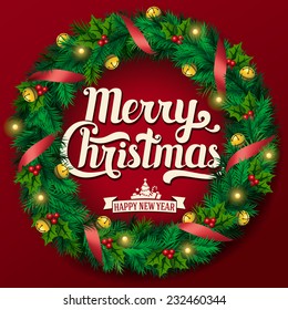 Christmas Greeting Card And Background. Christmas Wreath With Garlands, Merry Christmas Lettering. Vector