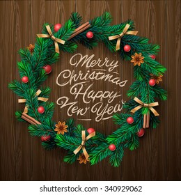 Christmas greeting card and background. Christmas wreath with garlands, Merry Christmas and Happy New Year lettering. Vector