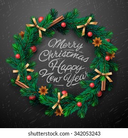 Christmas greeting card and background. Christmas wreath with garlands, Merry Christmas and Happy New Year lettering, vector illustration.