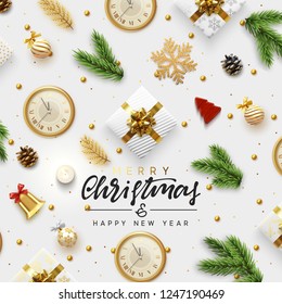 Christmas greeting card. Background Xmas objects viewed from above. Text Merry Christmas and Happy New Year. Vector illustration. flat lay