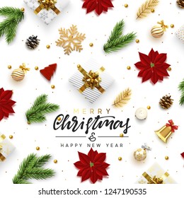 Christmas greeting card. Background Xmas objects viewed from above. Text Merry Christmas and Happy New Year. Vector illustration. flat lay