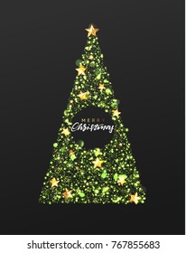 Christmas greeting card. Background Xmas tree made of stars and snine green sparkle particles. Vector Happy New Year