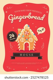 Weihnachten Grußkarte, Bäckerei Poster.Christmas Lebkuchenhaus, Süßigkeiten und Geschenke. Vektorgrafik. Weihnachtskartendesign mit einem Lebkuchenhaus.