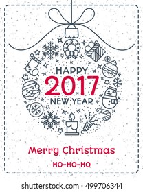 Christmas greeting card with christmas ball and sign Happy New Year Merry Christmas ho-ho-ho and christmas line icons on holiday winter background. Vector Illustration