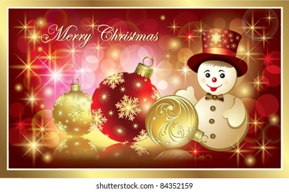 Christmas greeting card with ball and snowman