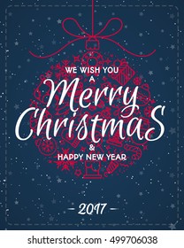 Christmas greeting card with christmas ball such as line icons and sign We wish you a Merry X-Mas on winter holiday background. Happy New Year. Vector Illustration