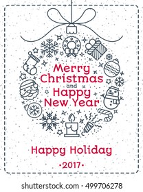 Christmas greeting card with christmas ball such as line icons and sign Happy New Year Happy Holiday on winter holiday background. Vector Illustration