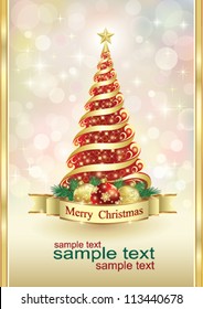 Christmas greeting card with ball and christmas tree