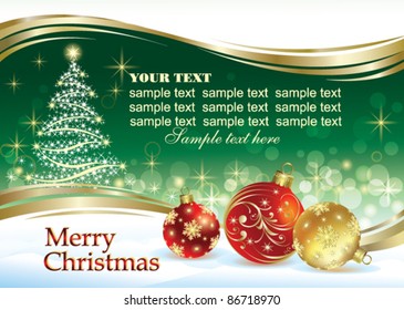 Christmas greeting card with ball and christmas tree