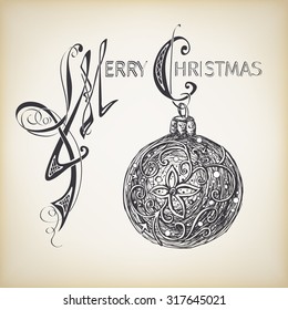 Christmas Greeting Card. Christmas ball for xmas design. Merry Christmas lettering hand drawn illustration