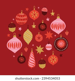 Christmas greeting card with balls, baubles, snowflakes, stars and acorns on dark red background. Circle ornament. Perfect for seasonal holidays and decorations. Vector illustration