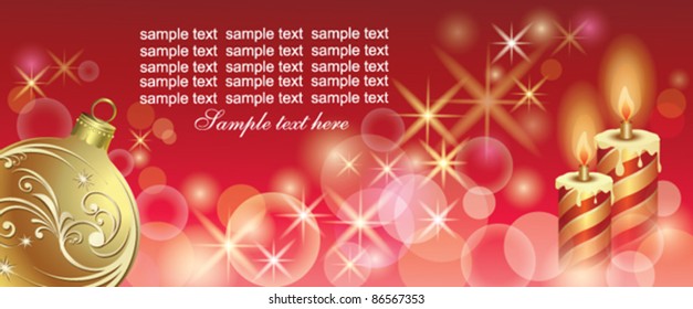 Christmas greeting card with balls and candle over red background