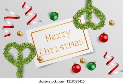 Christmas greeting card with balls, fir branches and shiny ribbon on gray background, Vector illustration