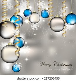 Christmas greeting card with christmas balls, gold ribbons and snowflakes/vector illustration