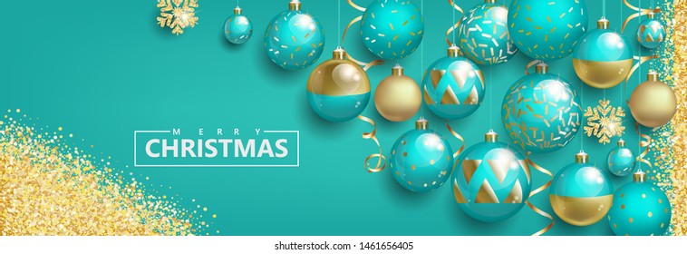 Christmas greeting card with balls on turquoise background