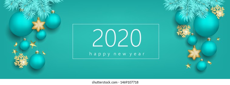 Christmas greeting card with balls on turquoise background