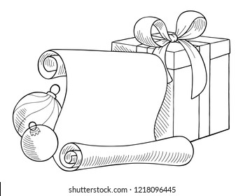 Christmas greeting card balls, scroll, present box graphic new year black white isolated set illustration vector