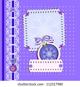 Christmas Greeting Card, Balls and Snowflakes on Blue Dotted Background