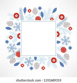 Christmas greeting card with balls, snowflakes, fir branches, cones, leaves and square blank label with copy space on white background. Perfect for winter holiday invitations.