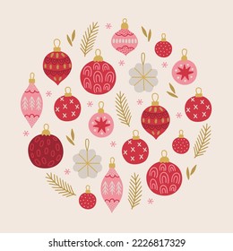 Christmas greeting card with balls, snowflakes, baubles, leaves, fir branches on white background. Circle ornament. Perfect for seasonal holidays and New Year decorations. Vector illustration