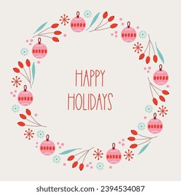 Christmas greeting card with balls, snowflakes, leaves and berries on white background. Perfect for seasonal holidays and decorations. Hand drawn frame, wreath