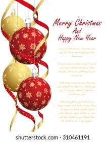 Christmas Greeting Card With Balls and Snowflakes on it.