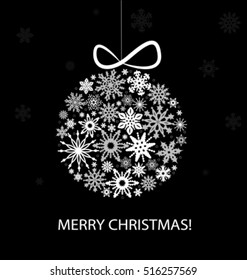 Christmas greeting card with  balls from white snowflakes. Vector

