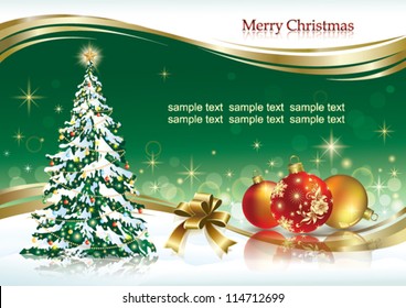 christmas greeting card with balls and xmas tree