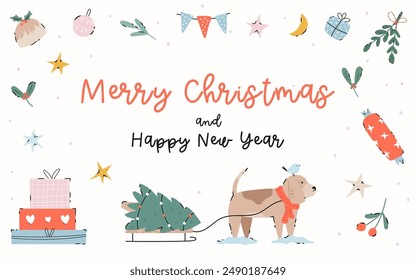 Christmas greeting card, banner with adorable beagle dog and holiday elements.