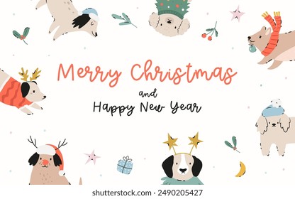 Christmas greeting card, banner with adorable dogs and holiday elements.
