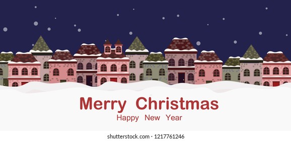  Christmas greeting card banner background with winter landscape and houses.  vector illustration