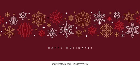 Christmas greeting card or banner design with elegant, seamless snowflakes pattern. Winter holidays horizontal background.
