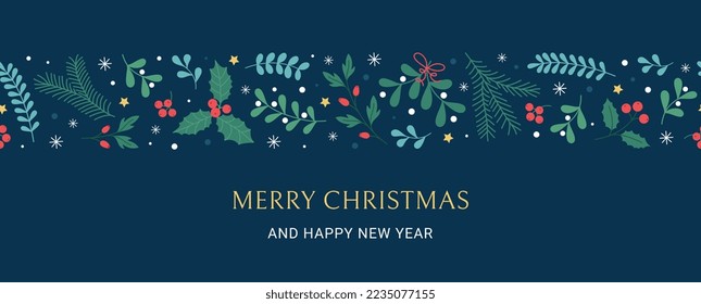 Christmas greeting card, banner with fir branches and holly berry border.