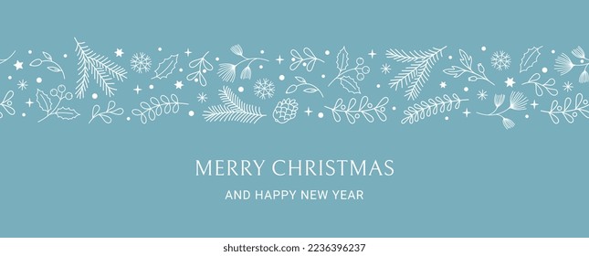 Christmas greeting card, banner with fir branches and holly berry border.