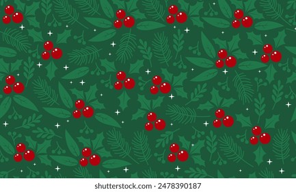 Christmas greeting card banner with fir branches and holly berry seamless pattern. Holiday seamless pattern