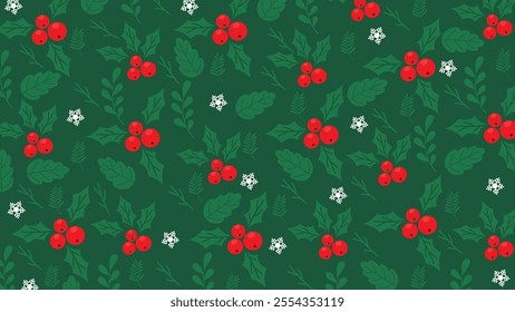 Christmas greeting card banner with fir branches, snowflake, leaves, and holly berry seamless pattern. Holiday seamless pattern. Sstkchristmas and sstkbackgrounds