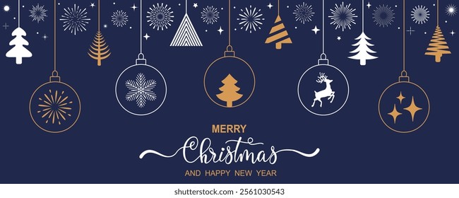 Christmas greeting card banner, hanging Christmas decorative fir tree - vector