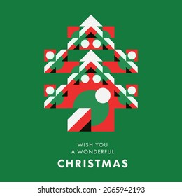 Christmas greeting card, banner, poster, holiday cover. Modern geometric Xmas design with stylized Christmas Tree made of geometric shapes in red, green and white colors.