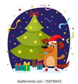 Christmas greeting card, banner, poster template with funny dog in Xmas hat and boots, fir tree and presents, cartoon vector illustration. Funny dog in Christmas hat and boots, Xmas tree and presents