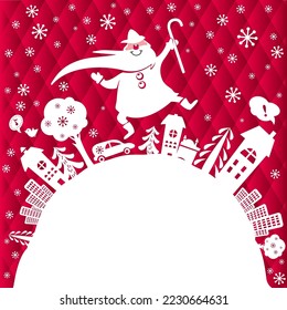 Christmas greeting card or banner with Santa Claus, city, trees. Sale poster. Holiday vector illustration. Copy space for text