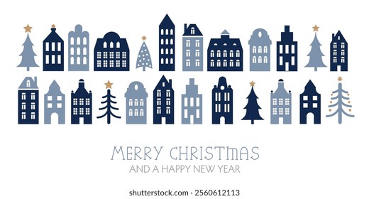 Christmas greeting card banner - with text - decorative old town with row of houses, Christmas trees and stars in winter landscape - blue, white and gold-colored