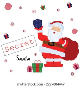 Christmas greeting card or banner for traditional anonymous gift exchange ceremony with Secret Santa lettering