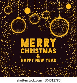 Christmas Greeting Card with Bauble in Black and Yellow. Merry Christmas Lettering, Vector Illustration.