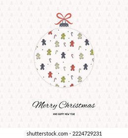 Christmas greeting card with bauble and gingerbread cookies. Vector