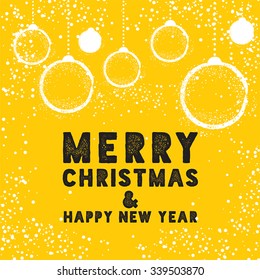 Christmas Greeting Card with Bauble in Yellow.
Merry Christmas lettering, vector illustration.
Stylish elements for design.